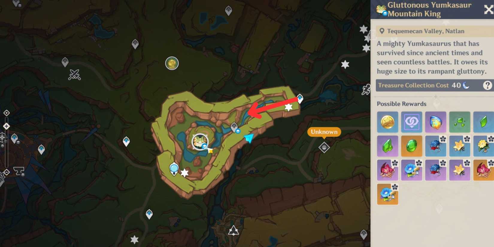 Genshin imapct- How To Find The Gluttonous Yumkasaur Mountain King Boss Map