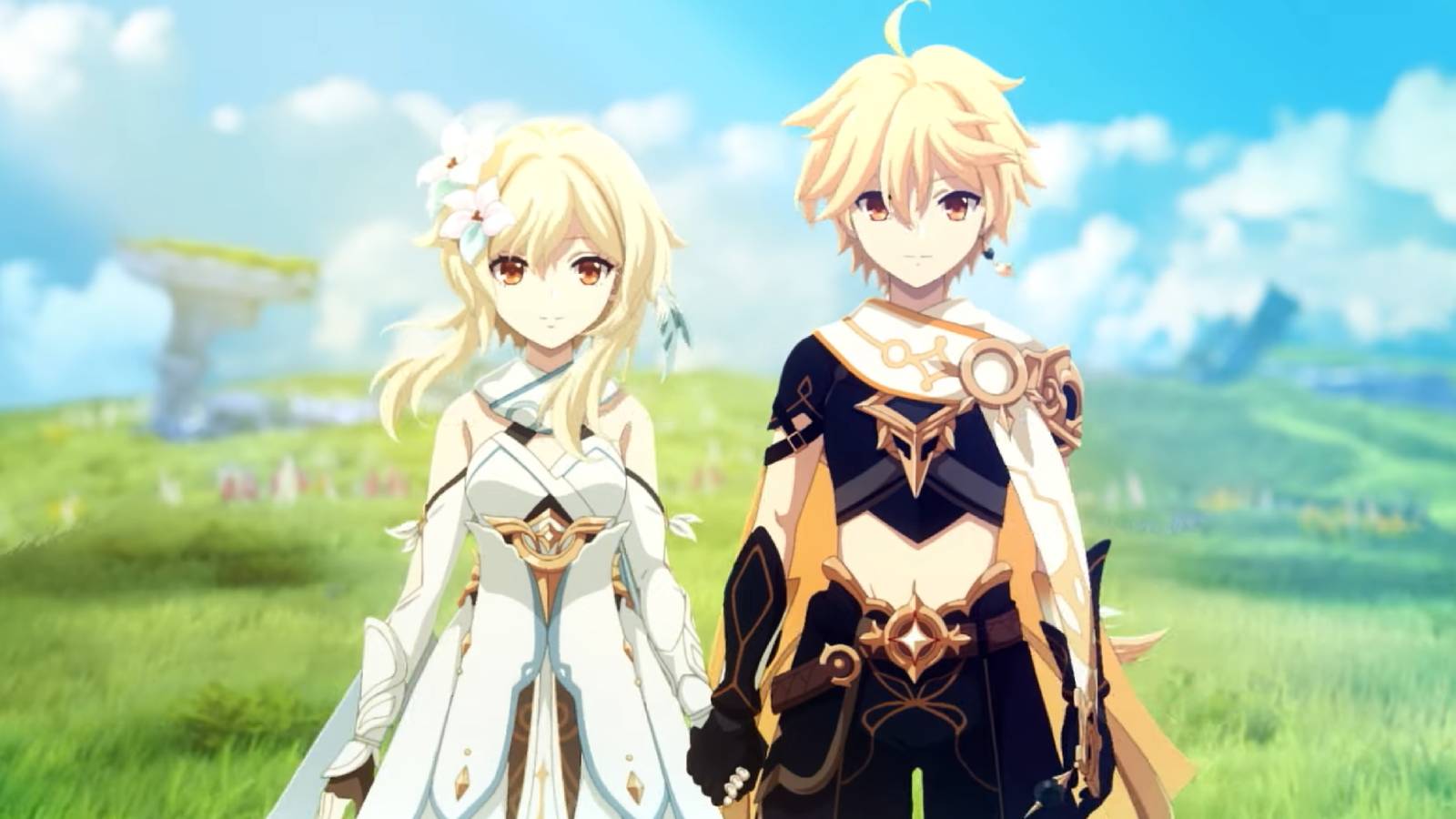 A screenshot from the Genshin Impact ufotable anime teaser, showing Lumine and Aether.