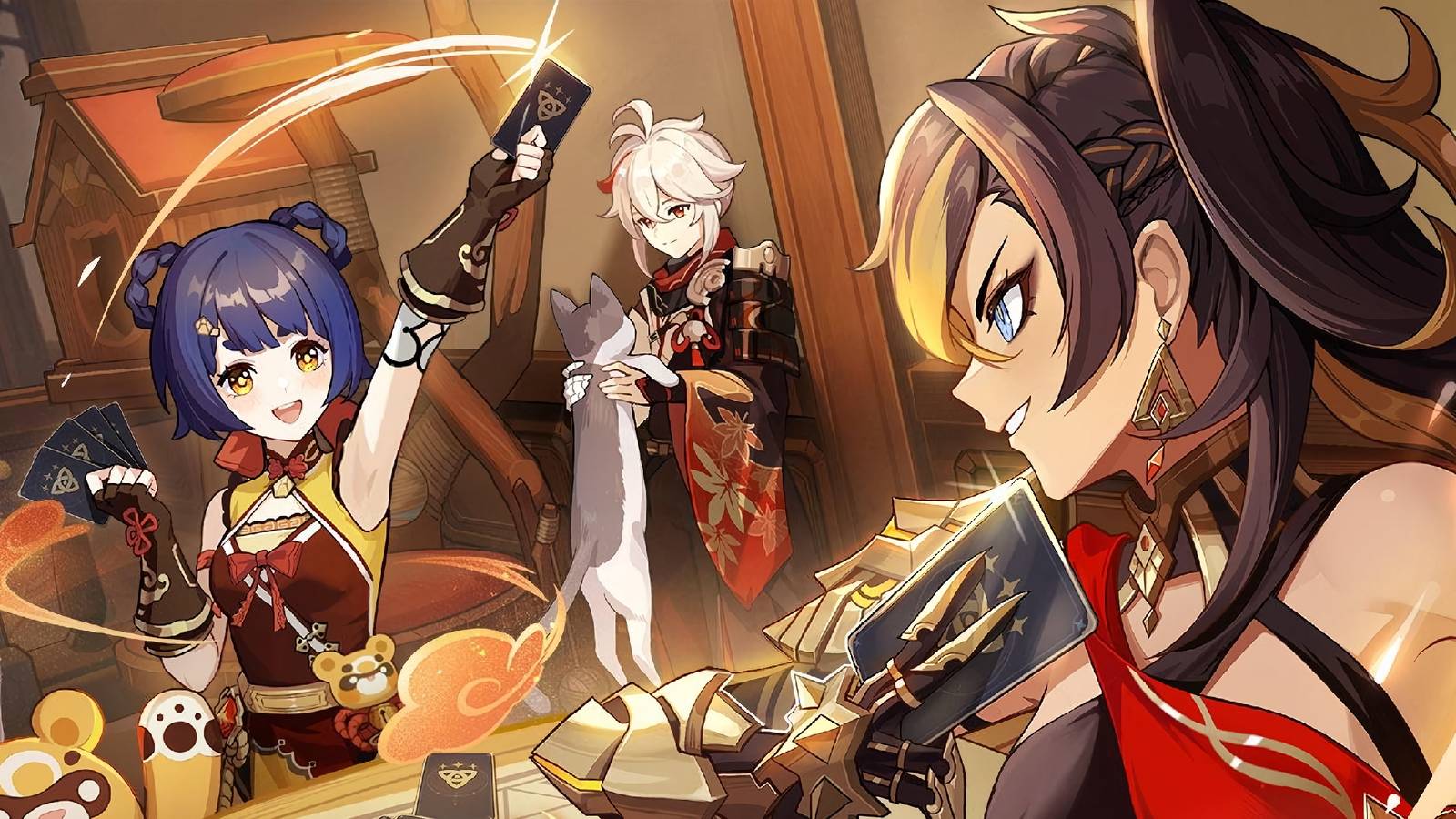 The key visual for Genshin Impact's Genius Invokation TCG Asia Invitational showing Xiangling, Kazuha, and Dehya.