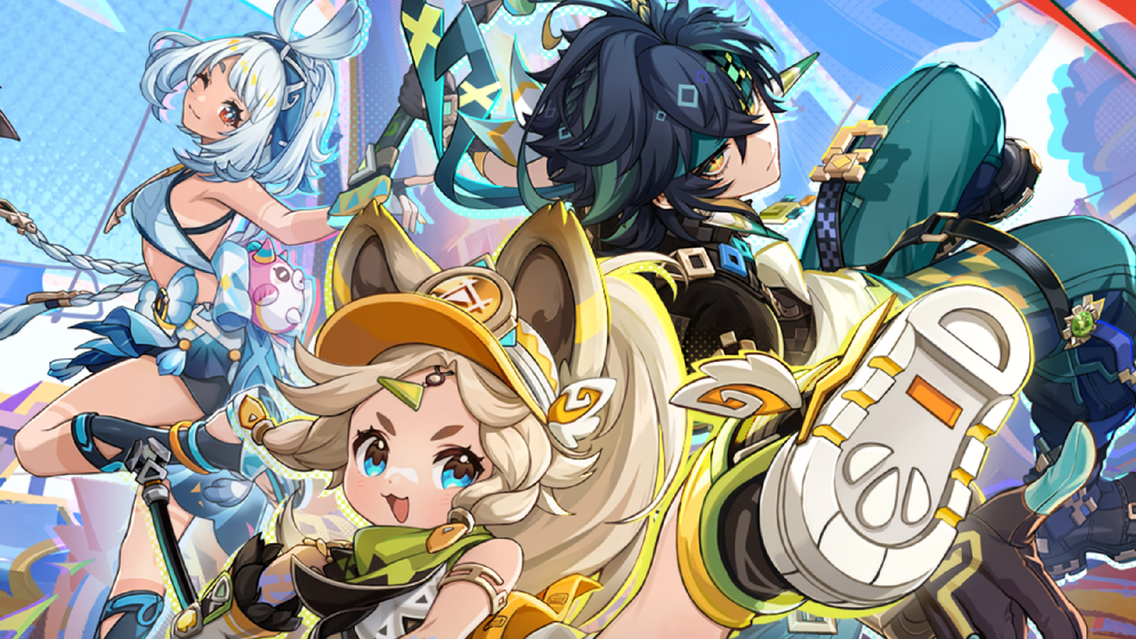 A promotional visual from Genshin Impact showing Natlan characters Mualani, Kachina, and Kinich.