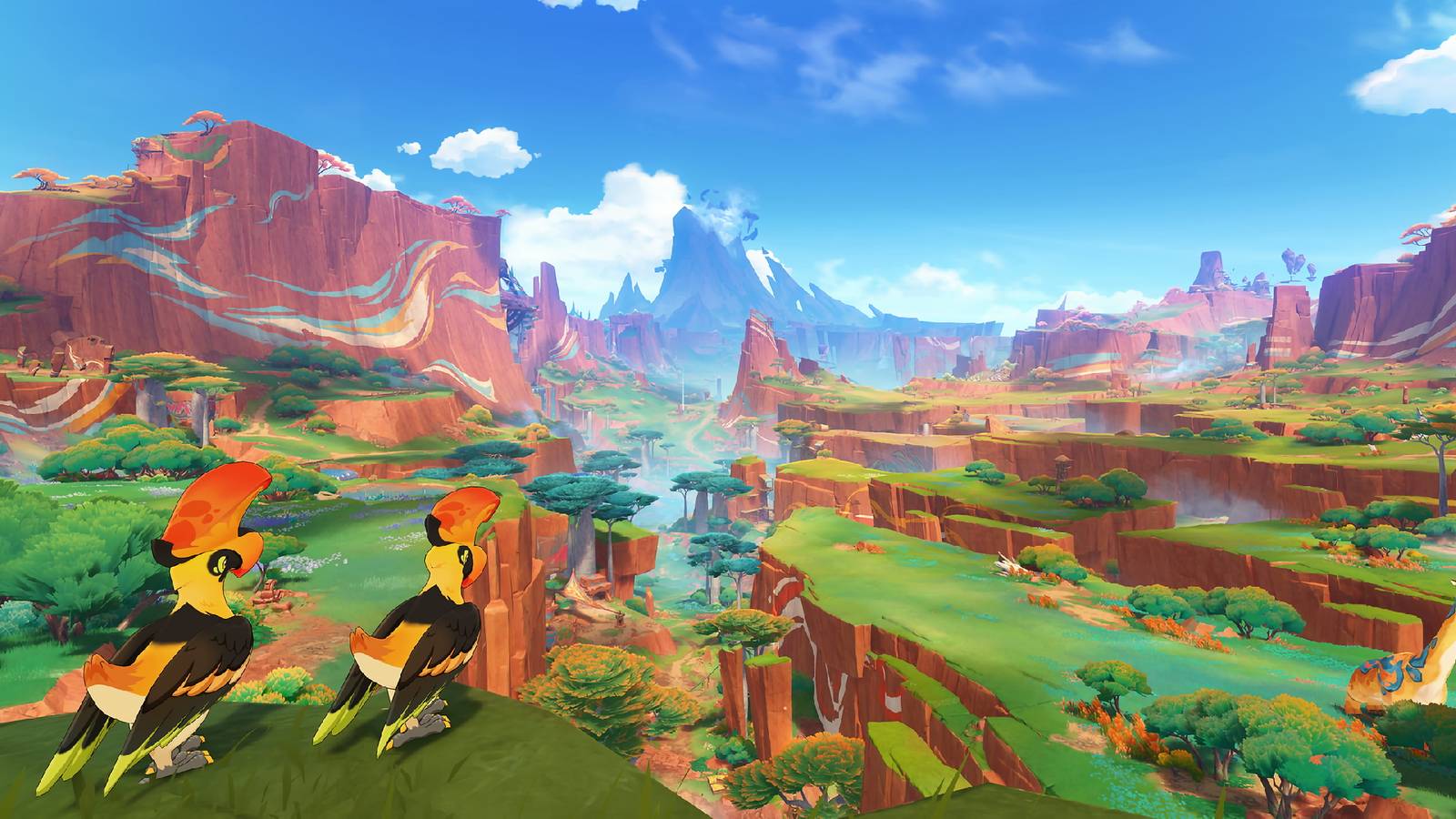 A teaser image of Genshin Impact's Natlan, showing the landscapes and local wildlife.