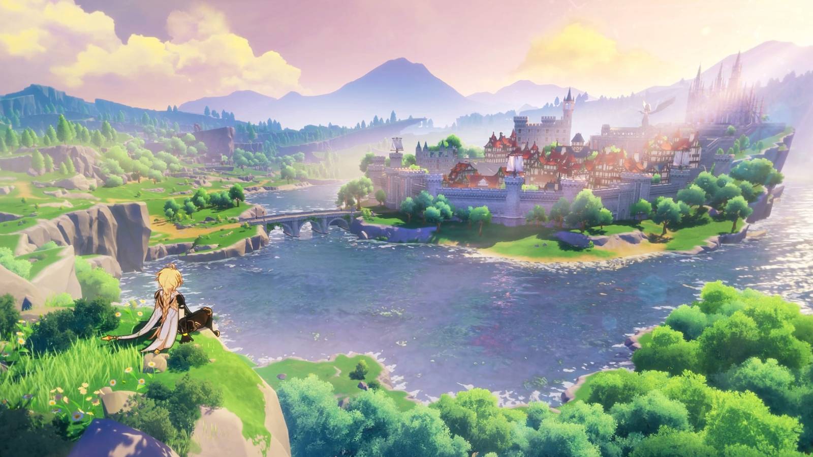 Genshin Impact Traveler sitting on cliff overlooking Mondstadt