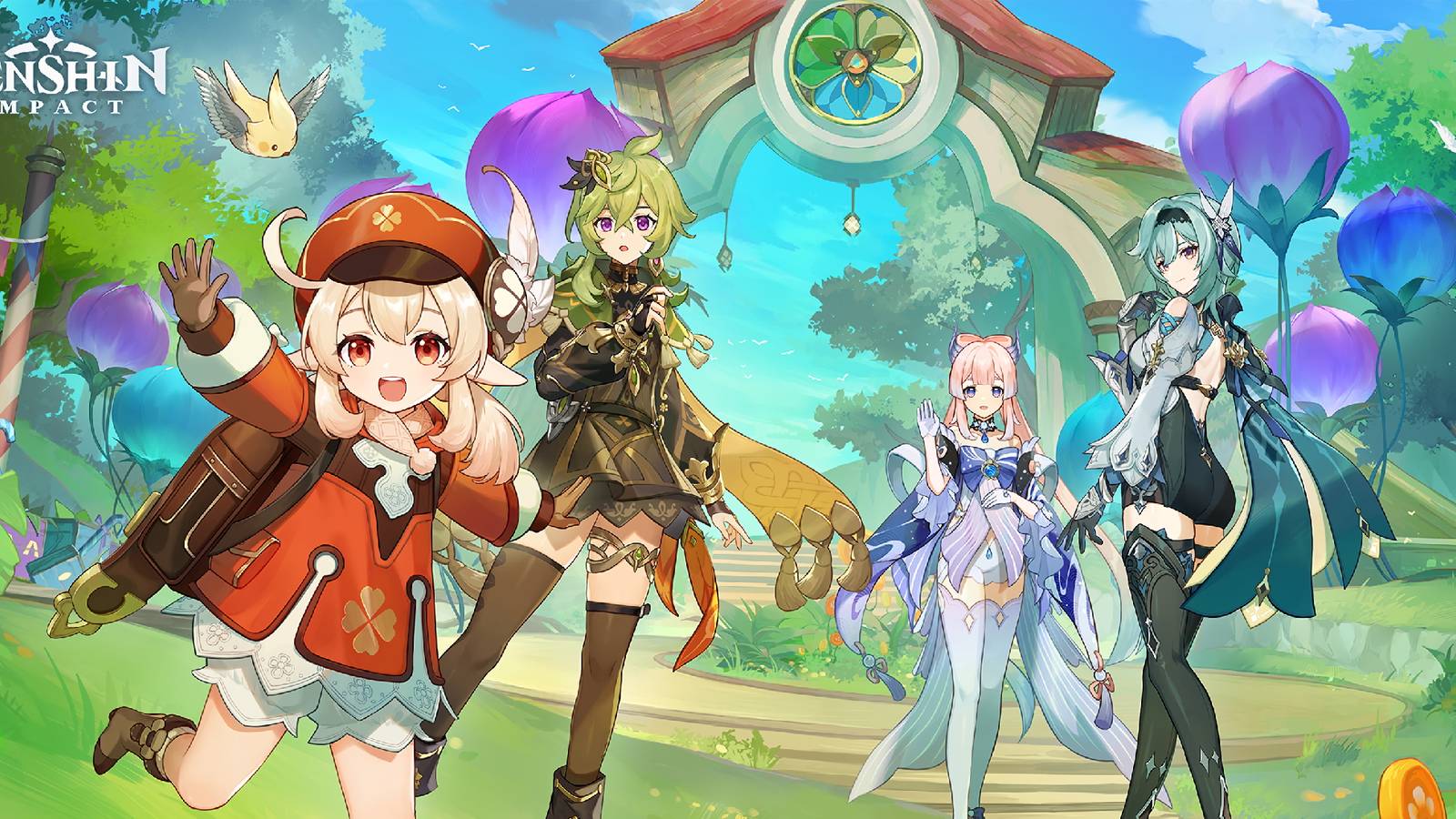 The key visual for Genshin Impact's Version 3.8 showing Klee, Collei, Kokomi, and Eula.