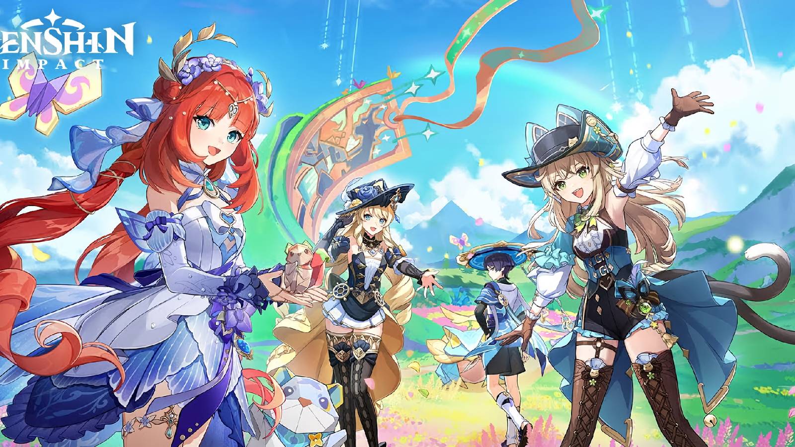 The key visual for Genshin Impact's Version 4.8 update showing Nilou, Navia, Wanderer, and Kirara.