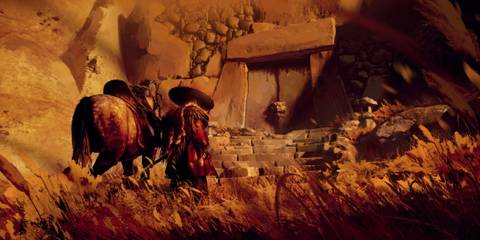 Jin Sakai standing next to his horse in front of a temple