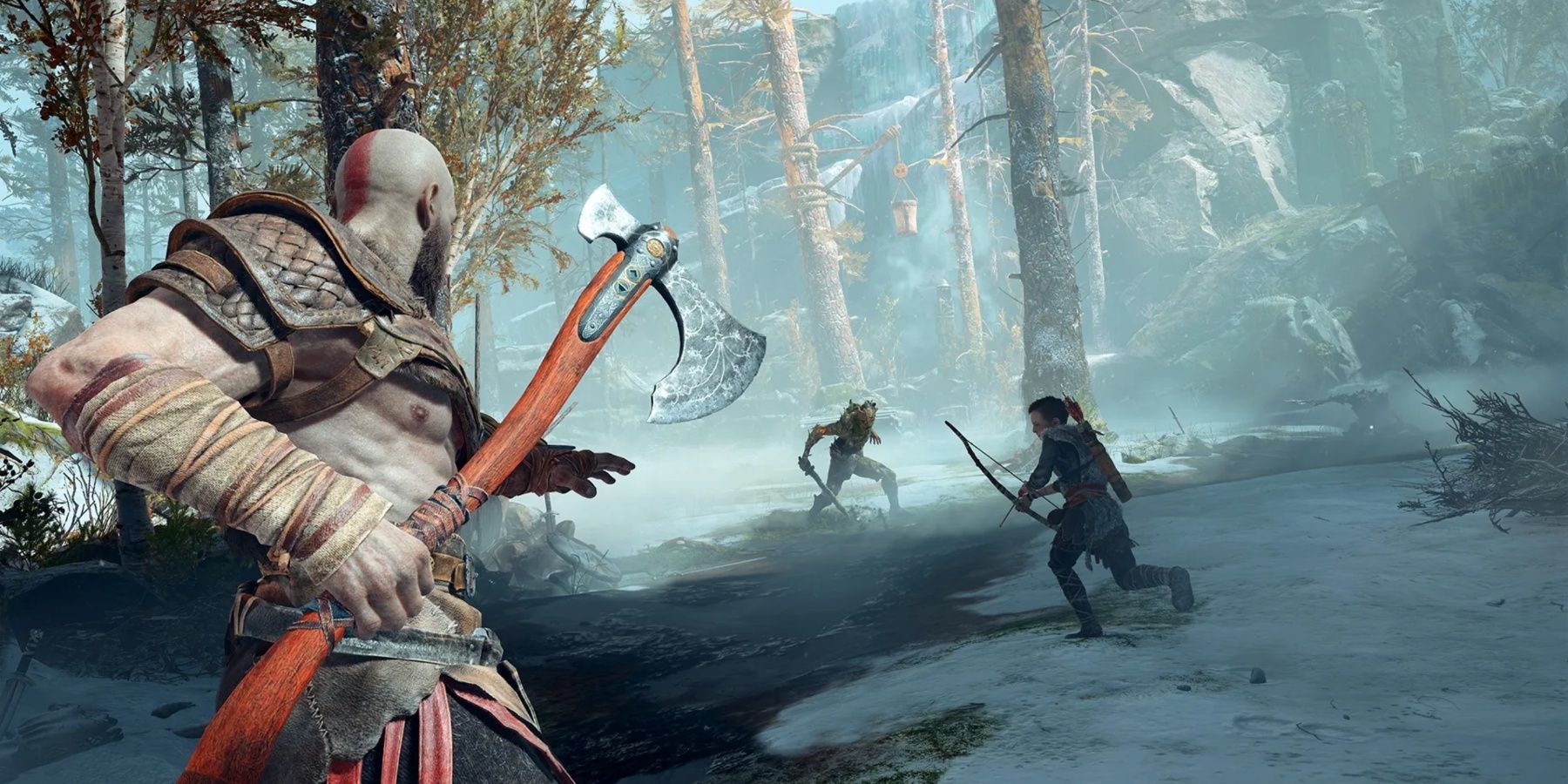 God of War 2018 showing Kratos and Atreus fighting an enemy