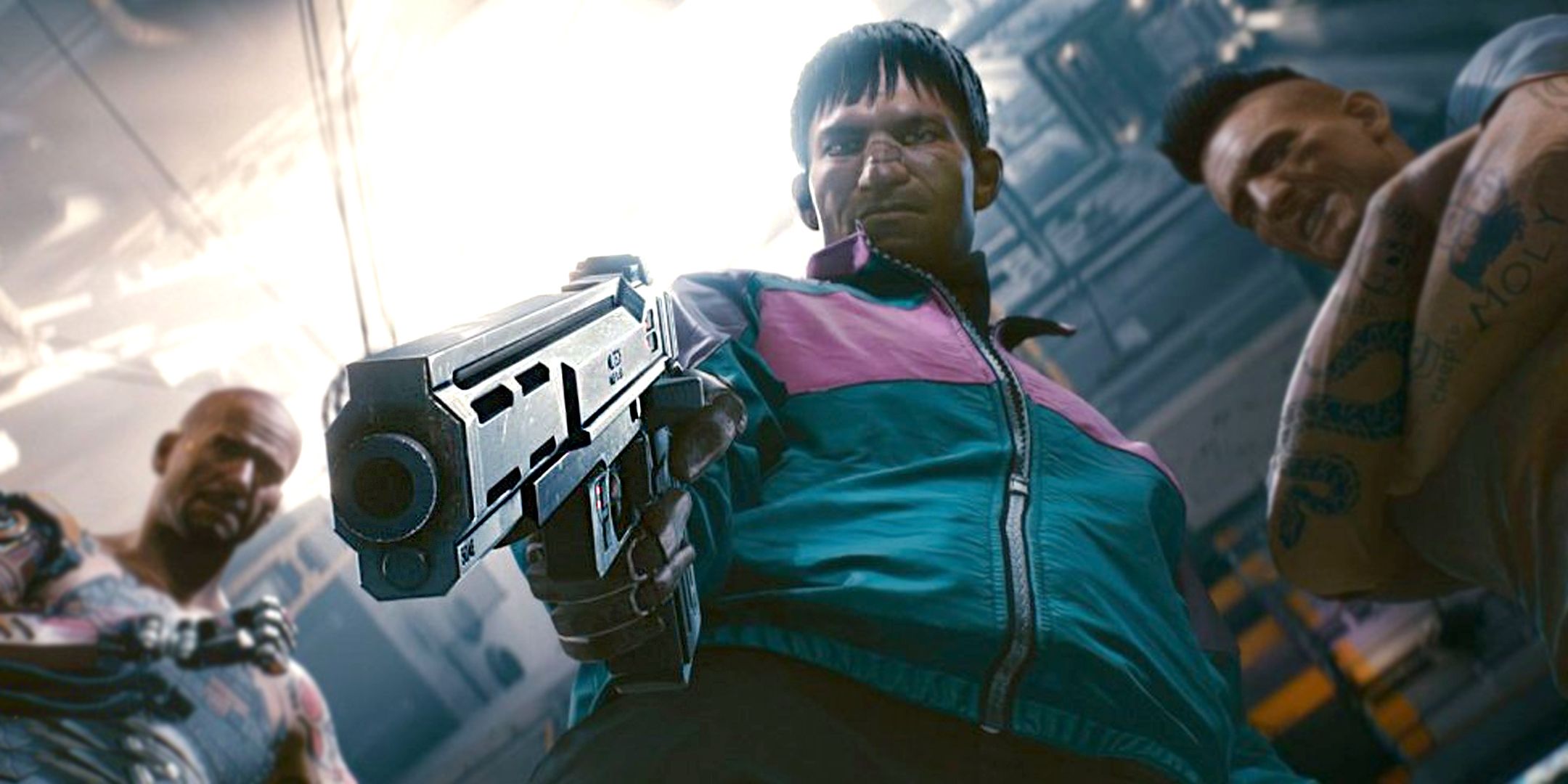 Cyberpunk 2077 character holding a pistol