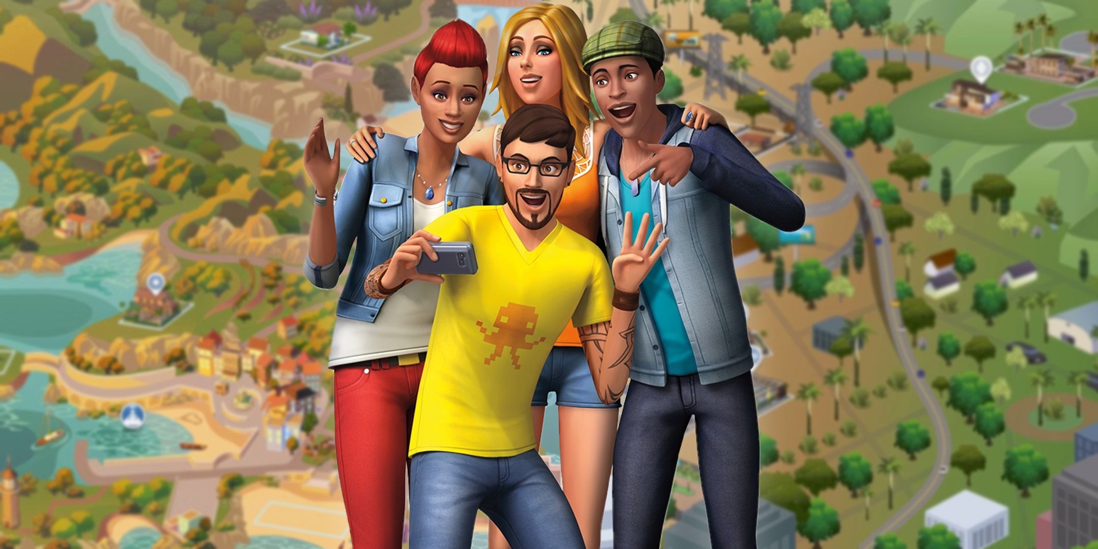 Sims in front of Sims 4 worlds