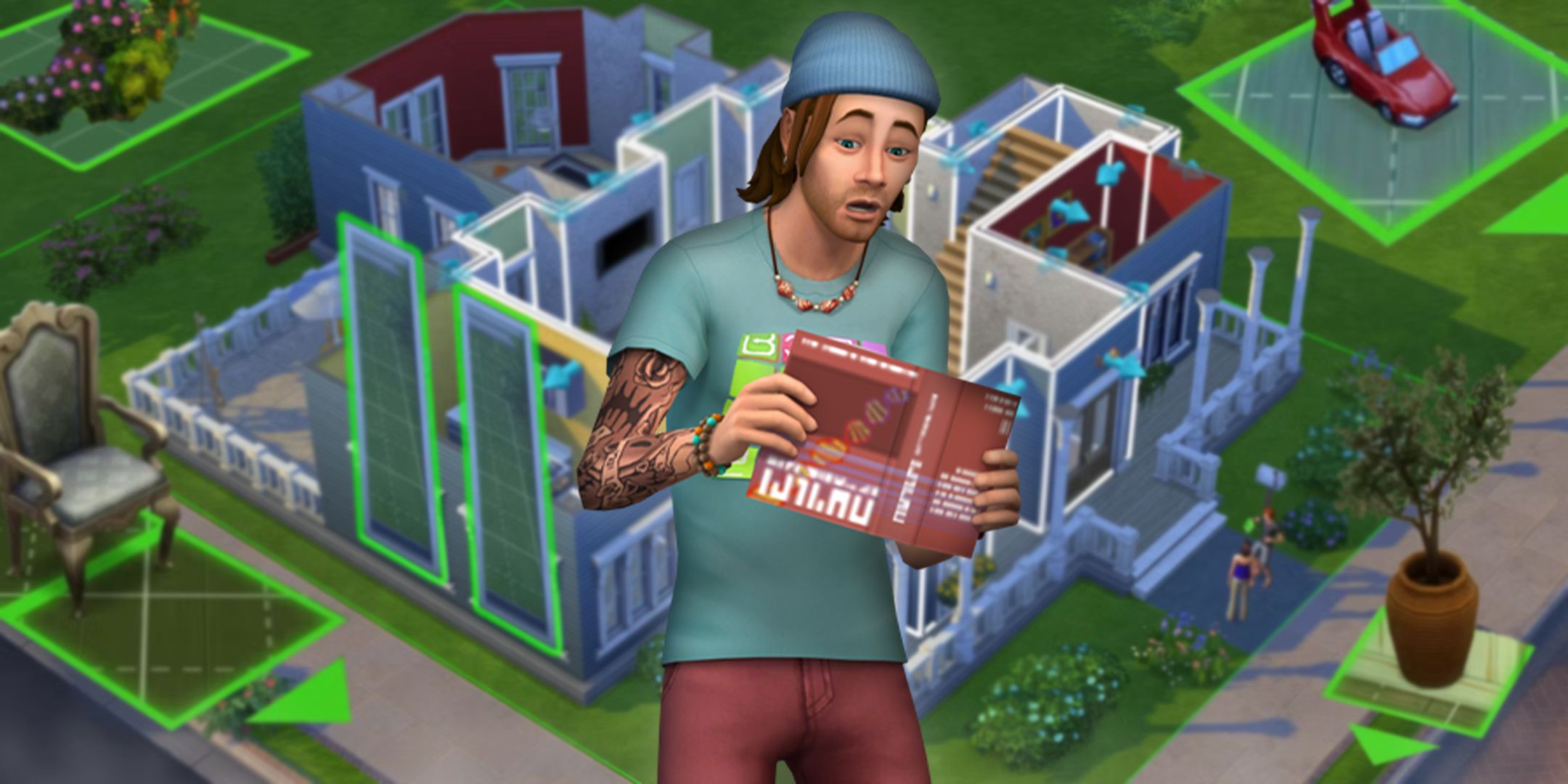 Sims 4 character reading in front of a house being built.