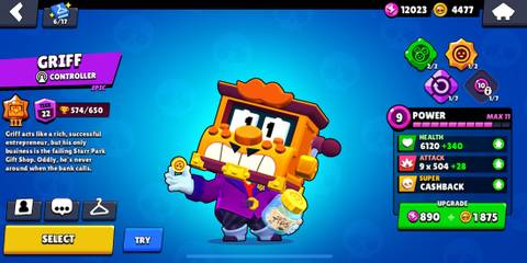 Griff standing in front of a blue background in the Brawl Stars menu 