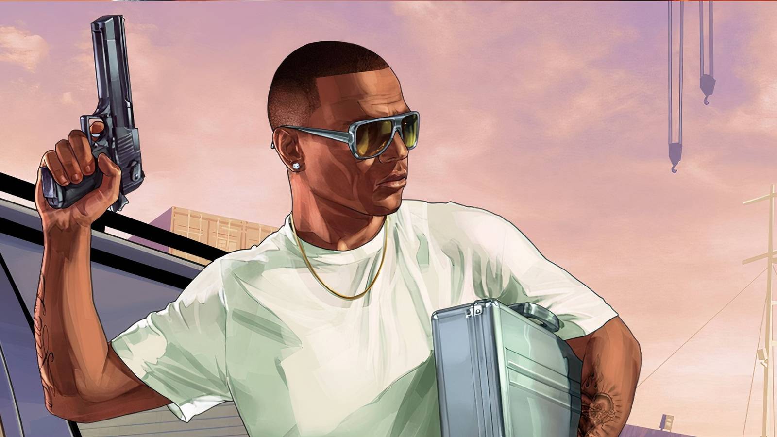 grand theft auto character with gun and briefcase