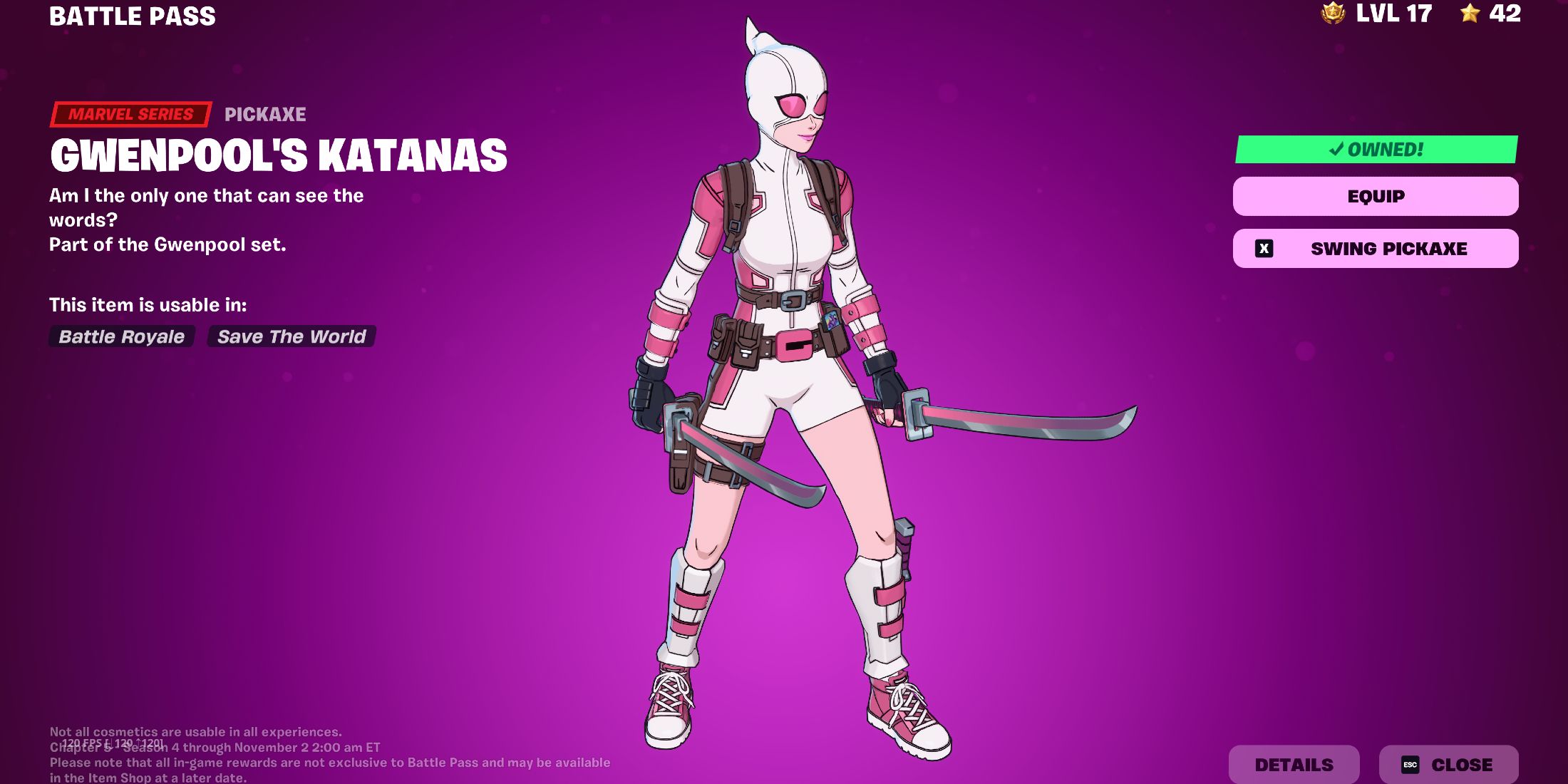 Screenshot showcasing Gwenpool's Katanas in Fortnite 