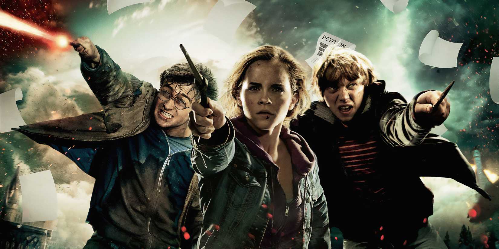 Harry, Hermione and Ron using their wands in the Harry Potter film series
