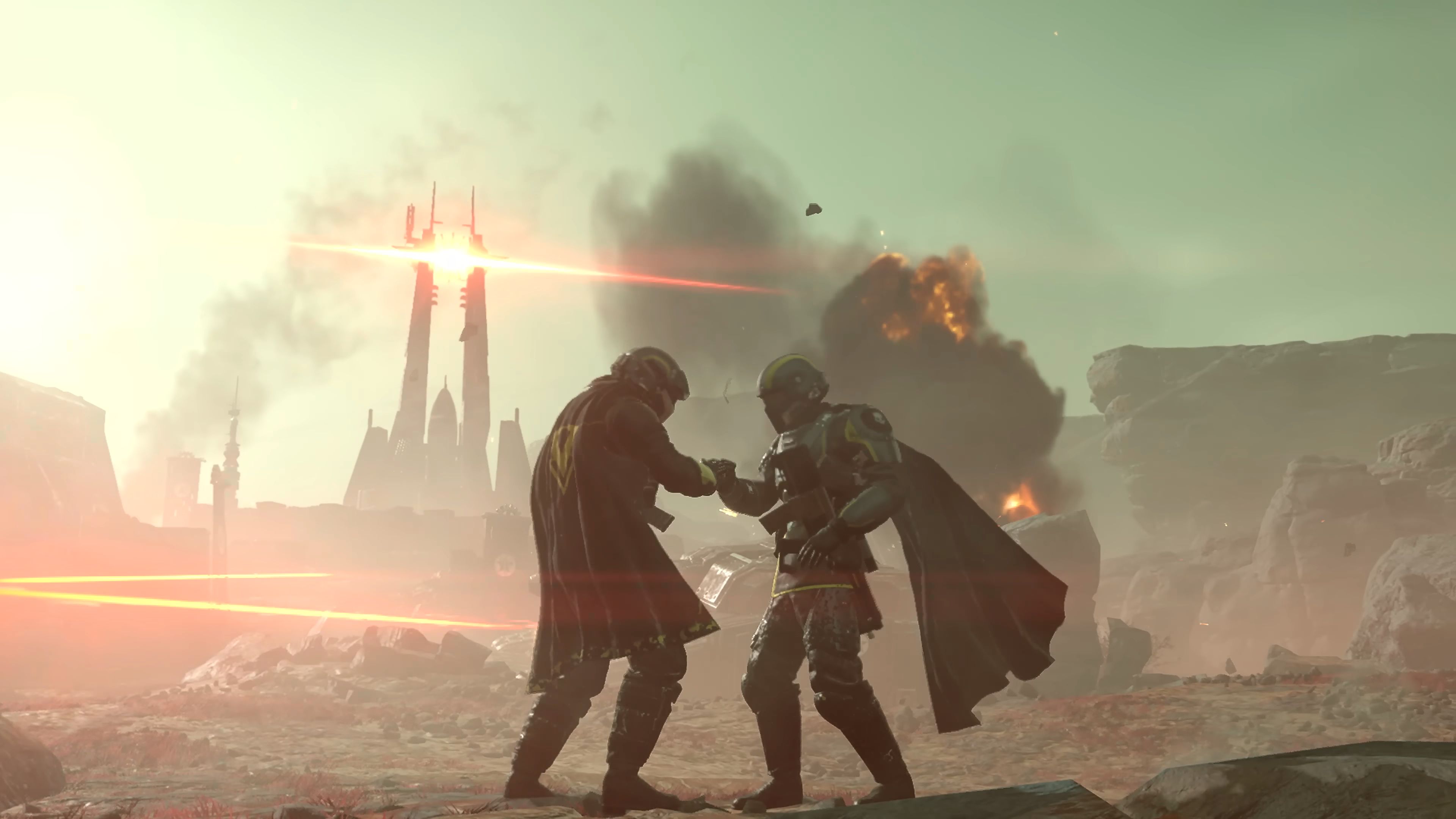 Shaking hands under an Automaton Detector tower in Helldivers 2