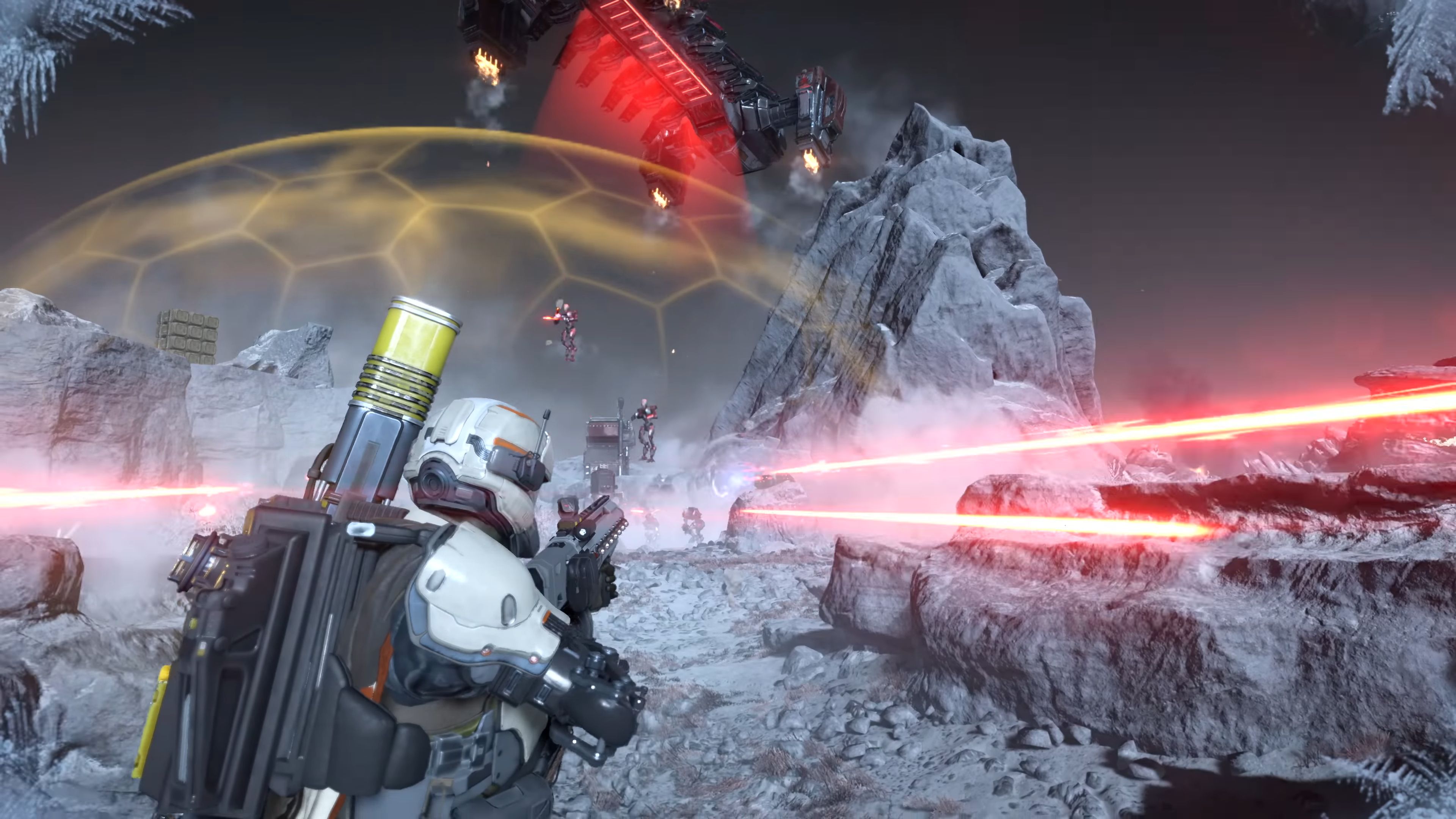 Fighting a bot drop in the trailer for Helldivers 2 Escalation of Freedom