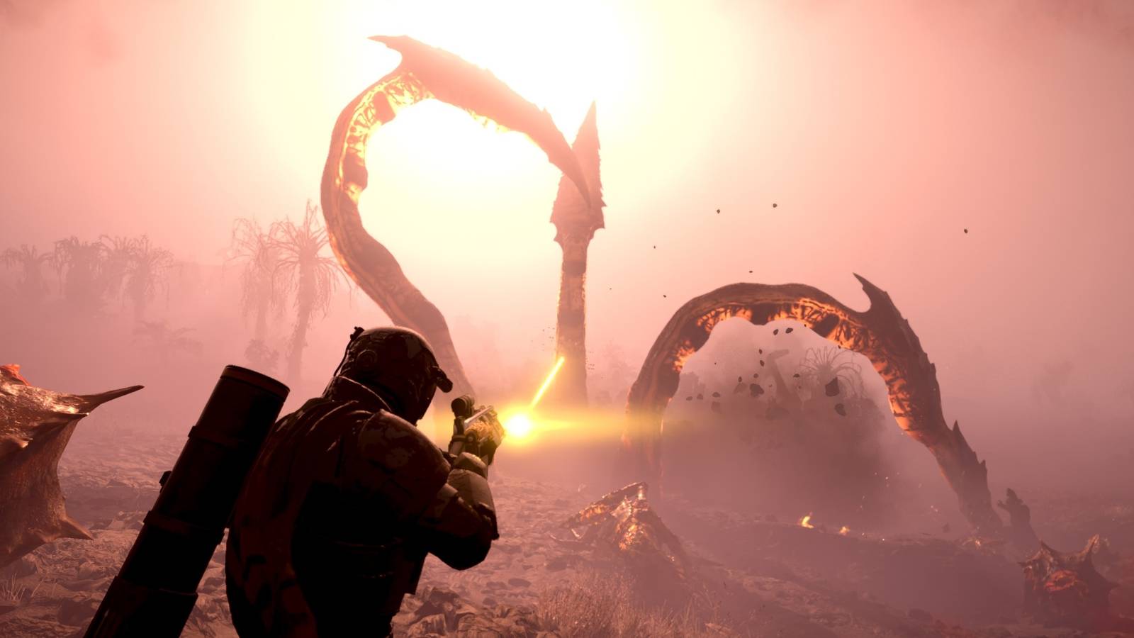 A Helldivers 2 player fires at a monster from the Escalation of Freedom update