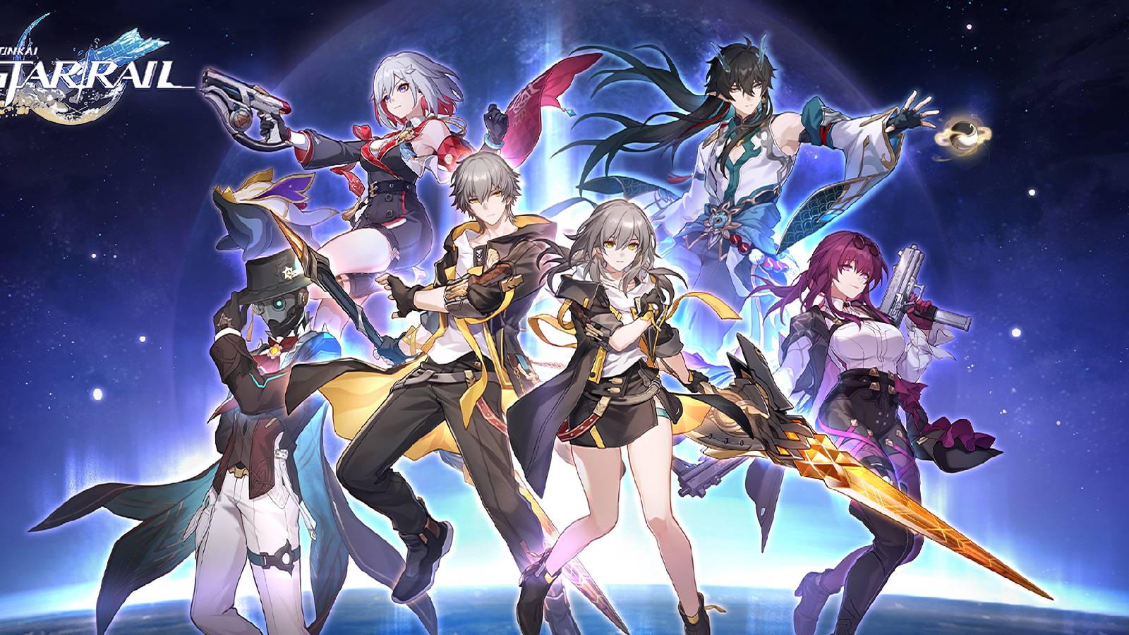 A key visual for Honkai: Star Rail showing Topaz, Screwllum, Imbibitor Lunae, Kafka, and the Trailblazers