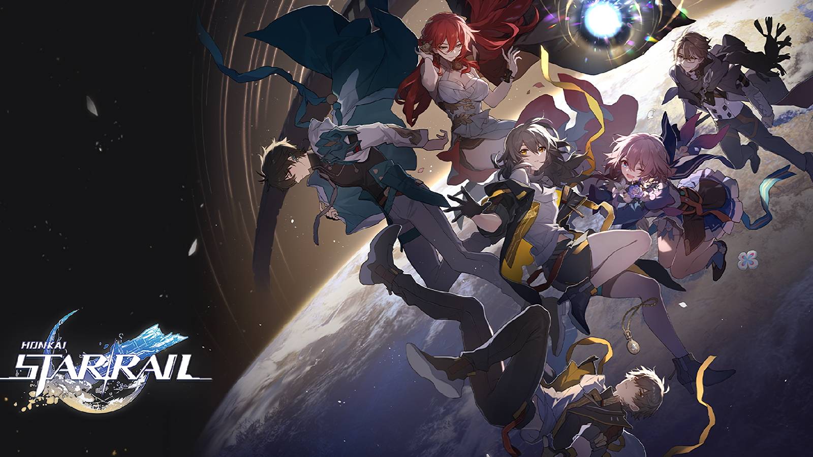 A key visual from Honkai: Star Rail showing the Trailblazer and the crew of the Astral Express