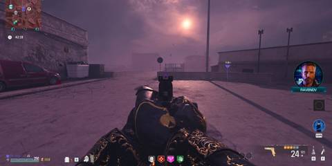 Screenshot showcasing how to activate the triangle ritual by shooting the purple ruins in MW Zombies