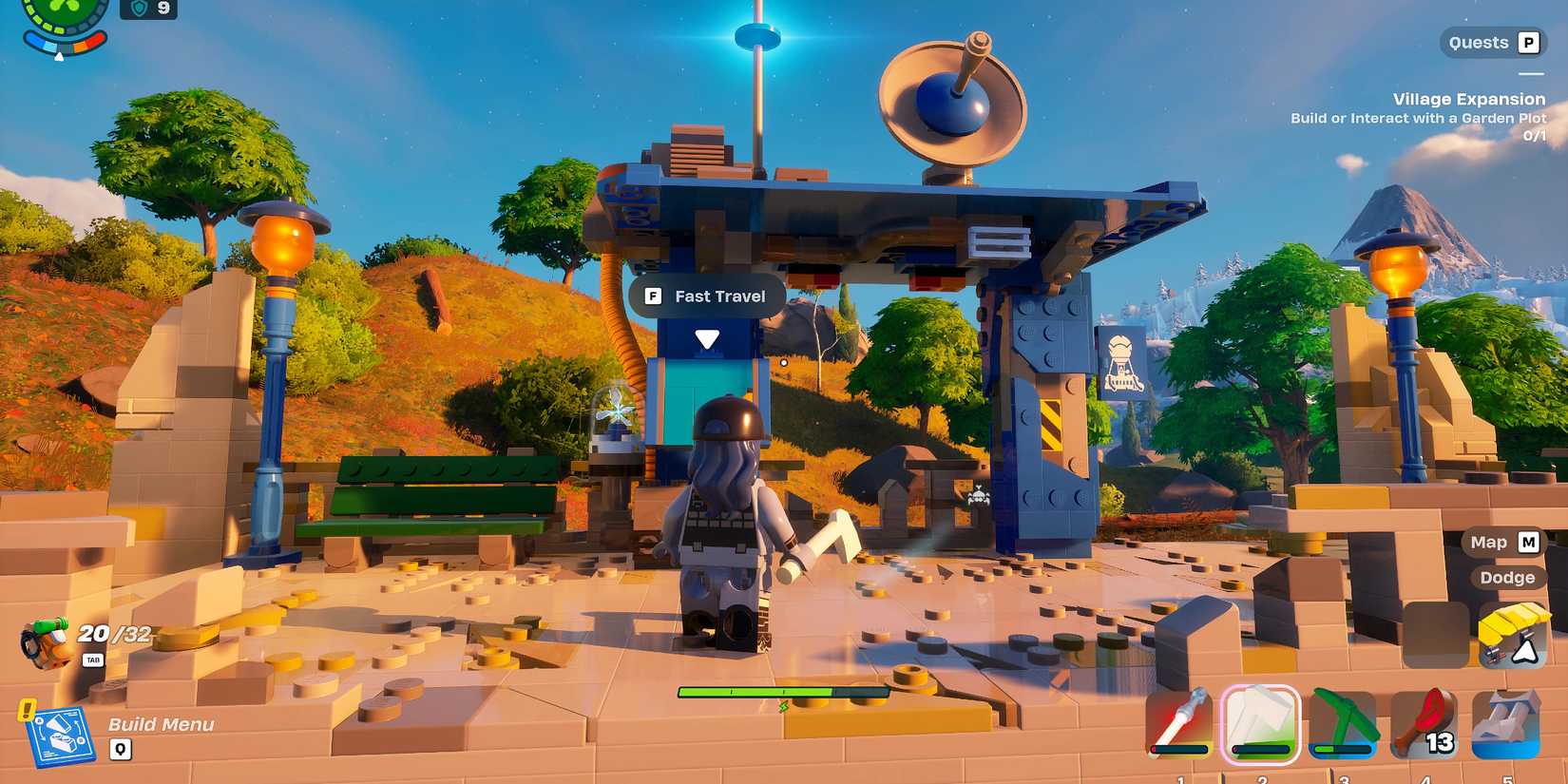 Screenshot showcasing how to fast travel in LEGO Fortnite via the Battle Bus Station 
