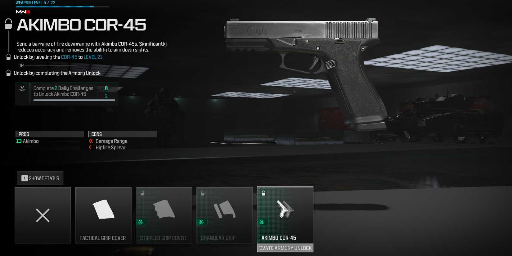 Screenshot showcasing how to unlock the Akimbo COR-45 in Modern Warfare 3 and Warzone 