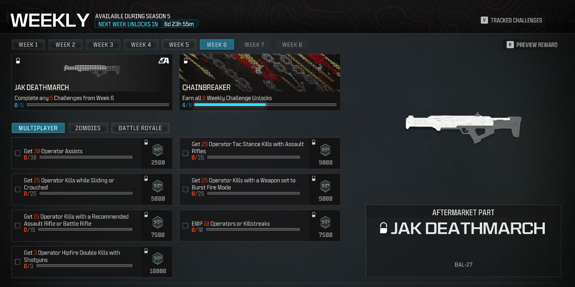 Screenshot showcasing how to unlock the JAK Deathmarch Aftermarket Part in Modern Warfare 3 and Warzone 