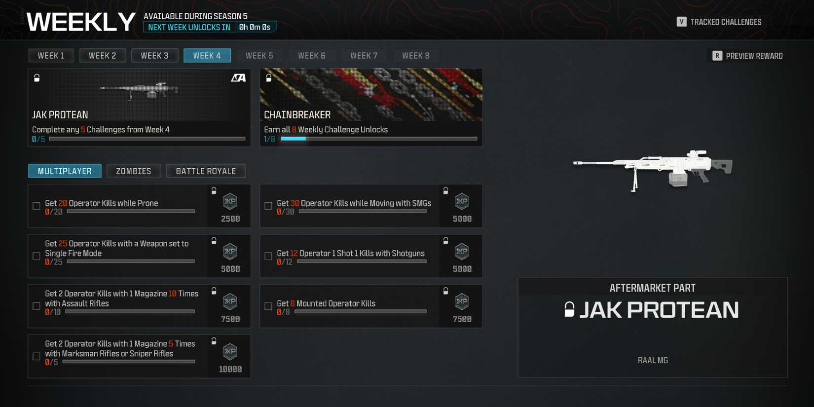 Screenshot showcasing how to unlock the JAK Protean Aftermarket Part for Modern Warfare 3 and Warzone 