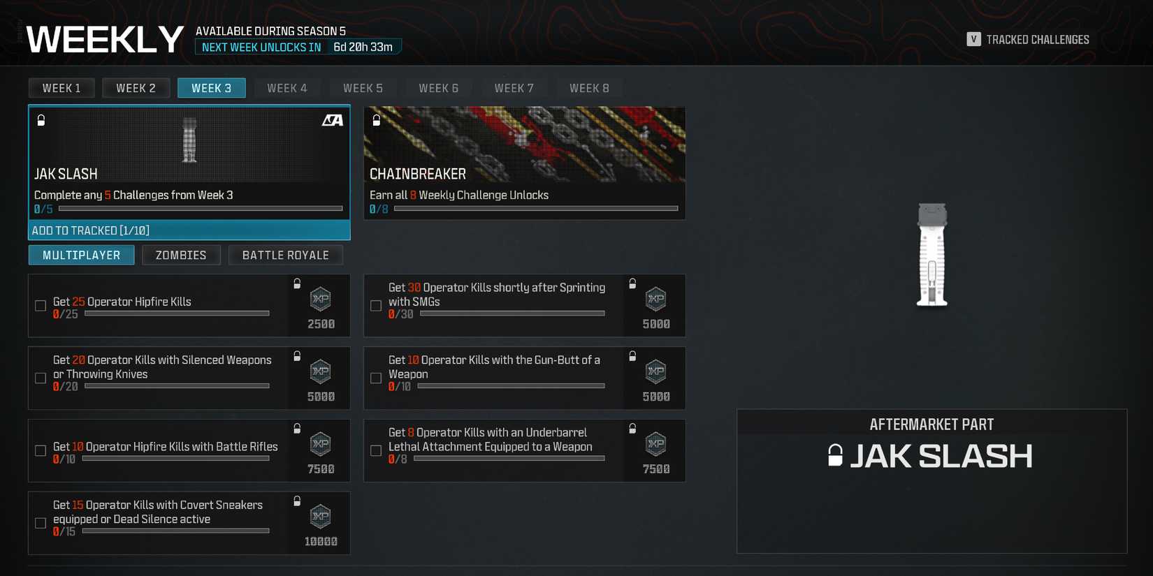 Screenshot showcasing how to unlock the JAK Slash Aftermarket Part in Modern Warfare 3 and Warzone 