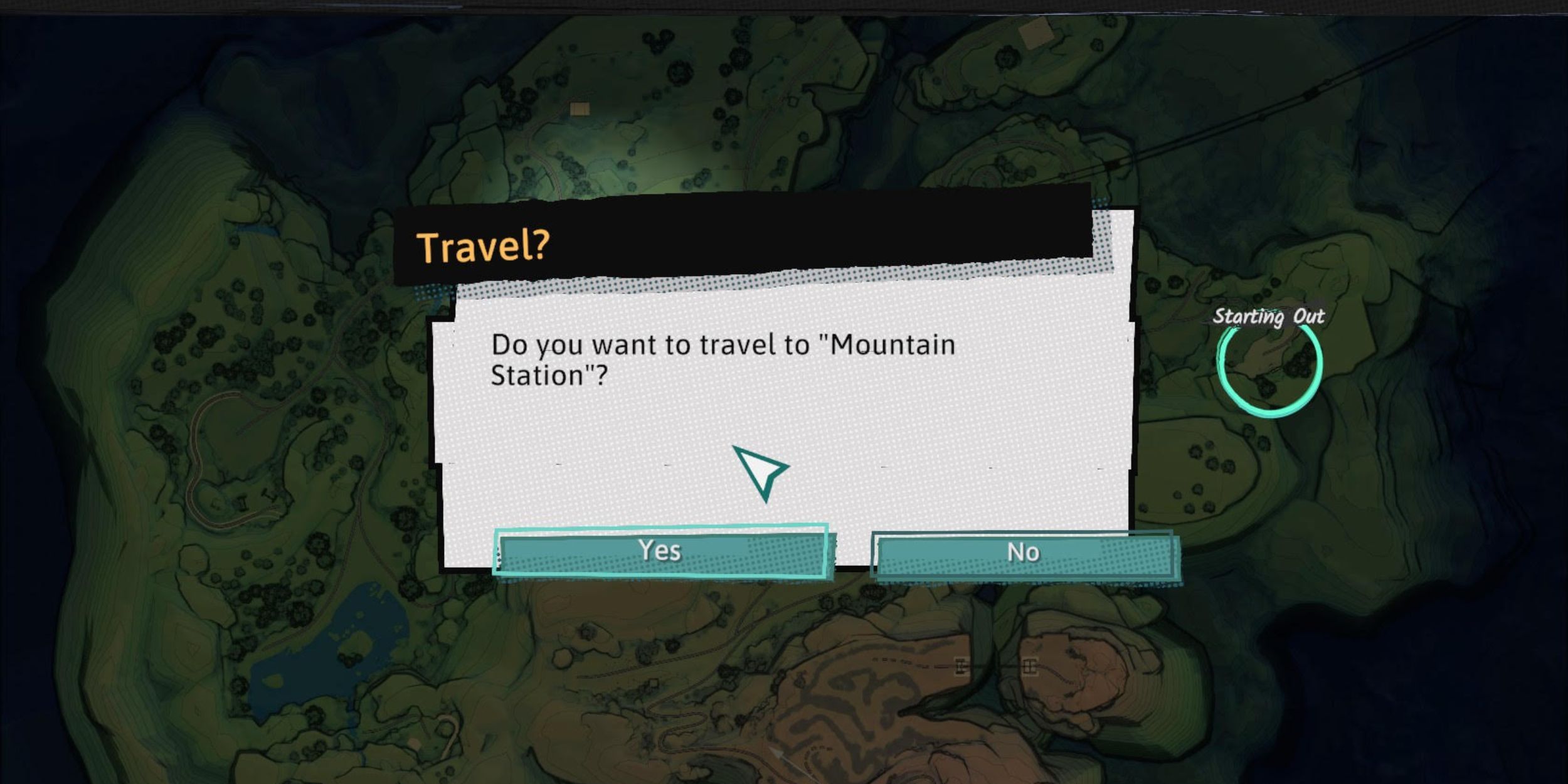 A fast travel confirmation pop-up in Dungeons of Hinterberg.