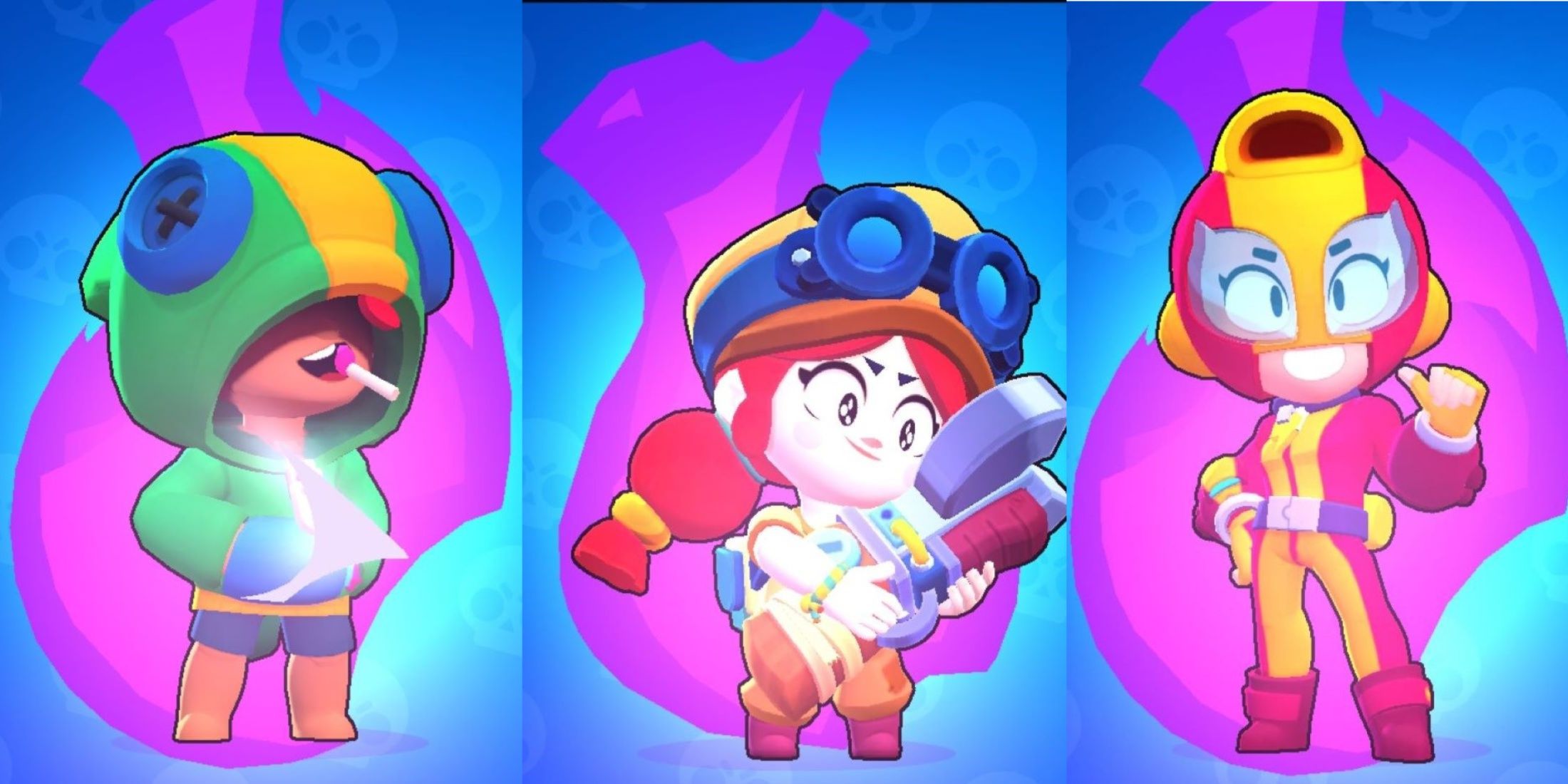 Leon, Jessie and Max with a purple flame around them on a blue background in Brawl Stars