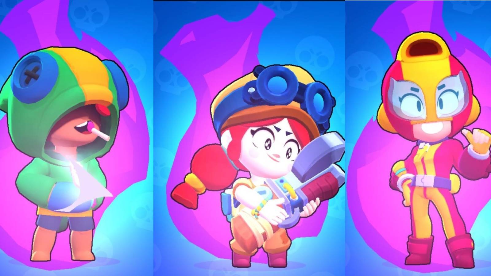 Leon, Jessie and Max with a purple flame around them on a blue background in Brawl Stars