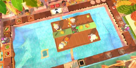 Cooking on a swimming pool in Overcooked! 2