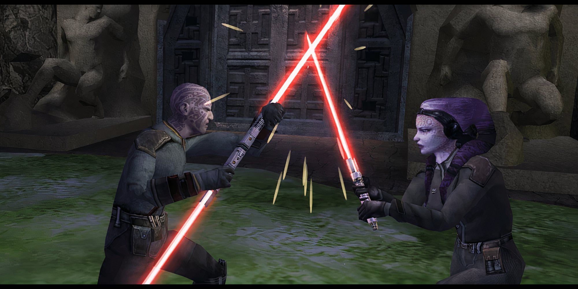 Uthar Wynn fighting Yuthura Ban in Sith academy