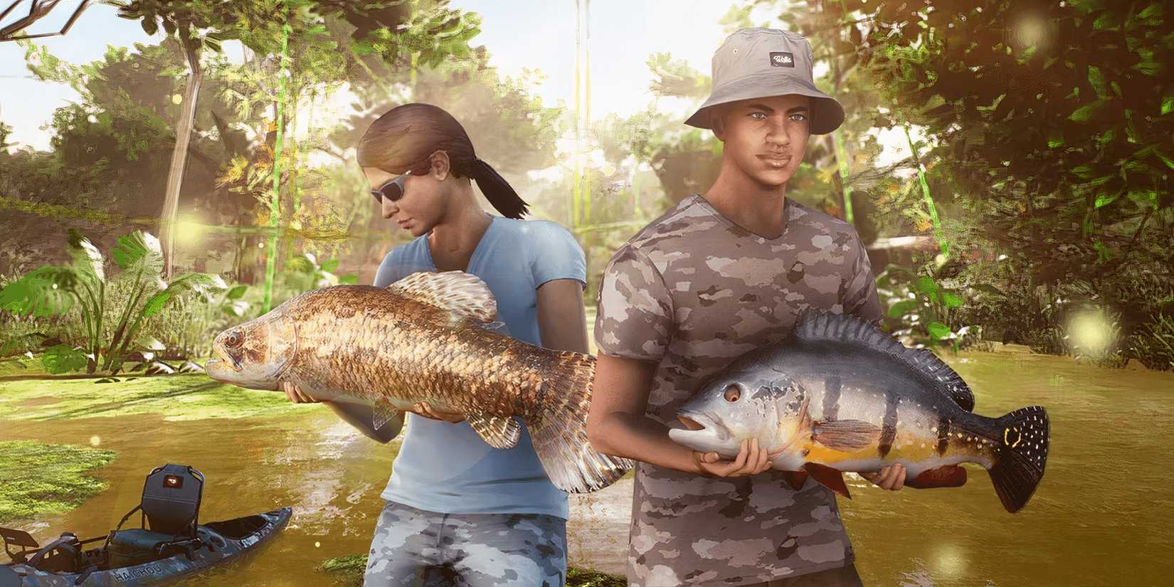 Two players holding different fish by a lake
