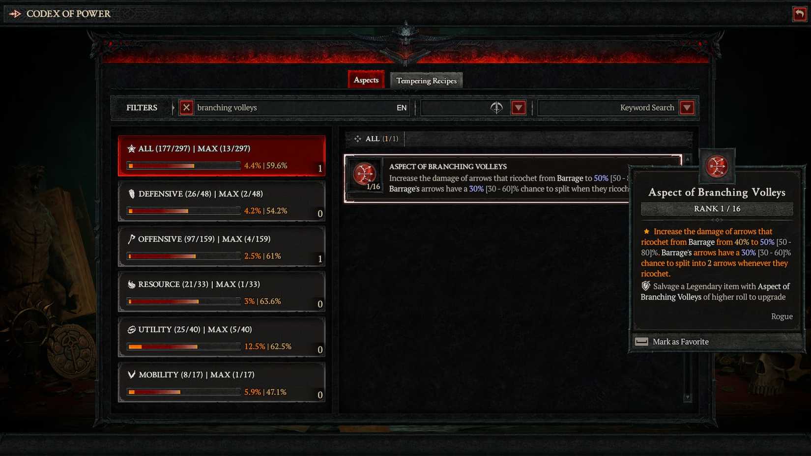 Aspect of Branching Volleys description in Diablo 4 Season 5 