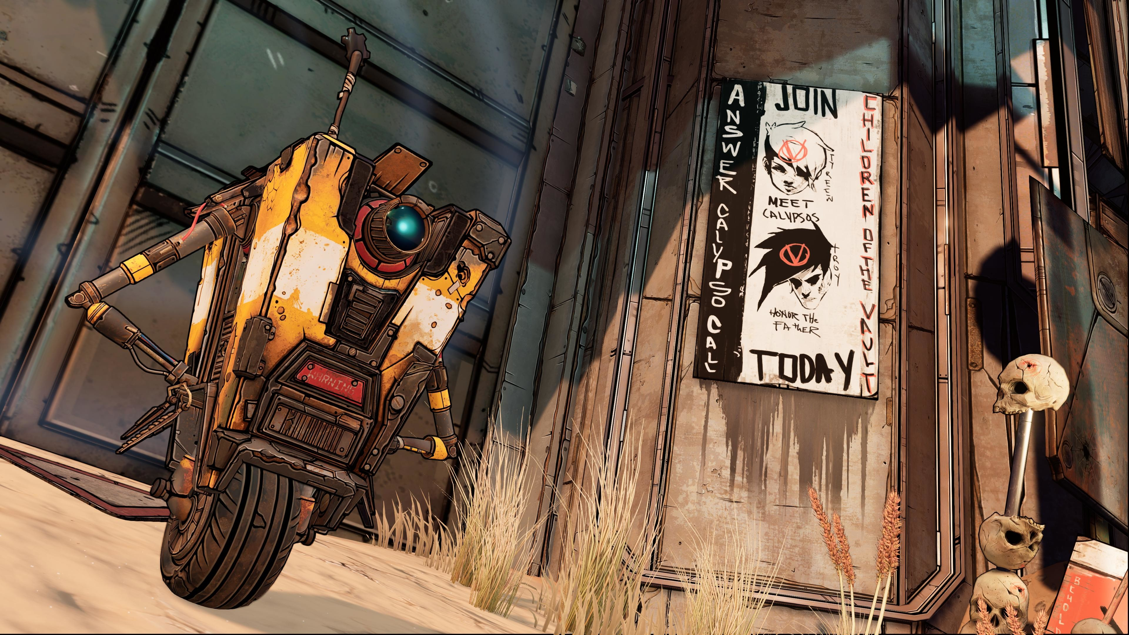 Claptrap next to a Calypso recruitment poster in Borderlands 3