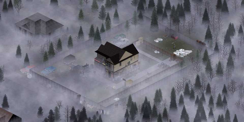 Isometric view of a fortified house in a misty forest in Project Zomboid
