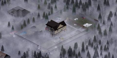 Isometric view of a fortified house in a misty forest in Project Zomboid