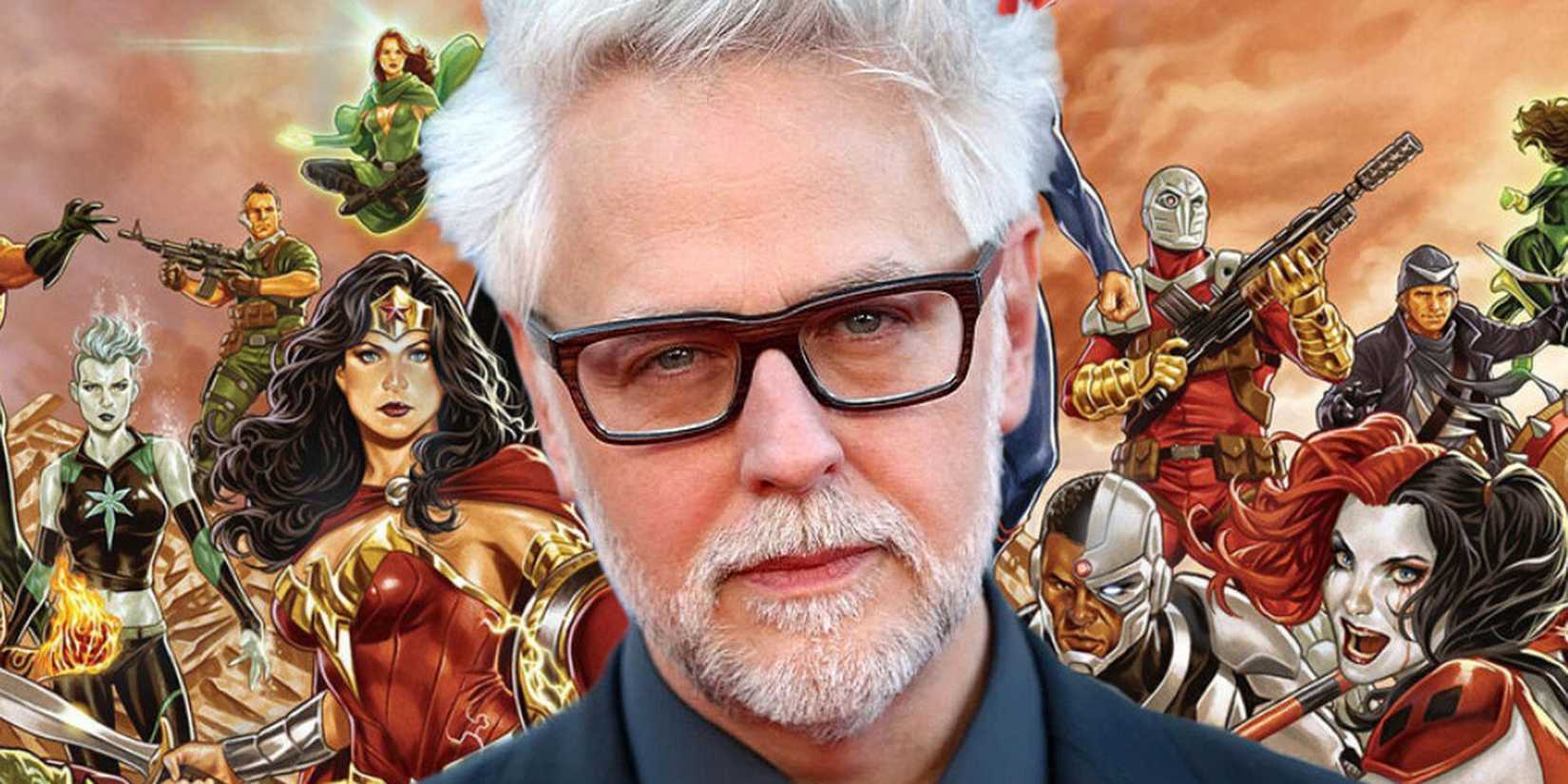 James Gunn's face with DC comic characters behind