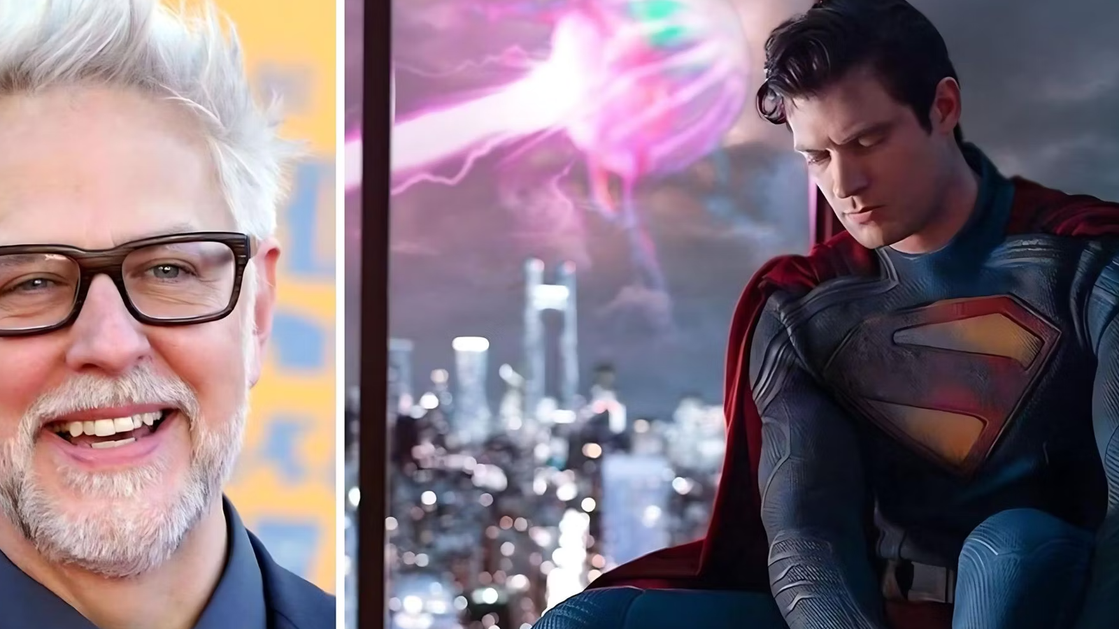 Director James Gunn next to an image of David Corenswet as Superman