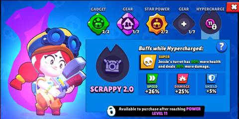 A display of Jessie's hypercharge stats in Brawl Stars