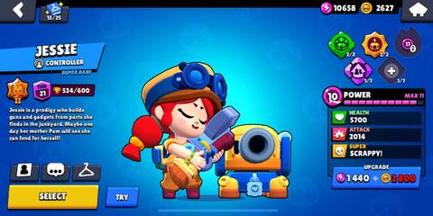 Jessie and her turret standing in front of a blue background in the Brawl Stars menu