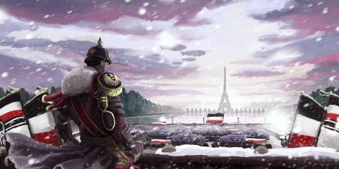 Official art from Kaiserreich Mod depicting German officer looking at Eiffel Tower
