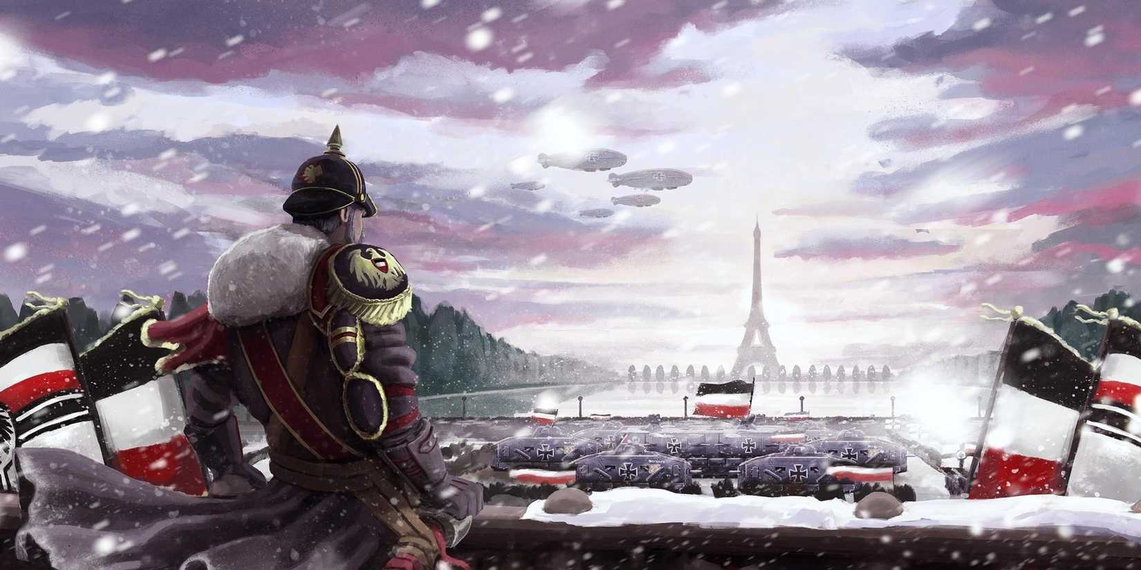 Official art from Kaiserreich Mod depicting German officer looking at Eiffel Tower
