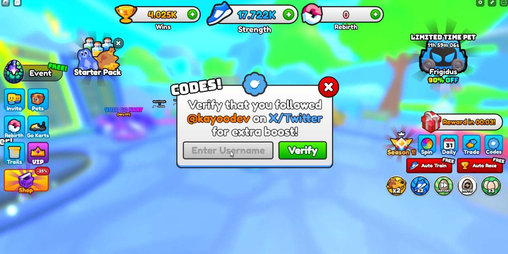 Kart Racing Simulator: the codes tab