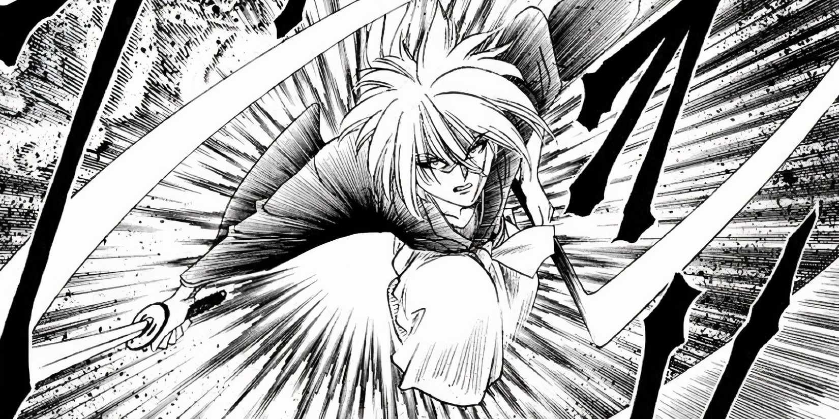 Kenshin from Rurouni Kenshin wielding his sword and defending his friend.