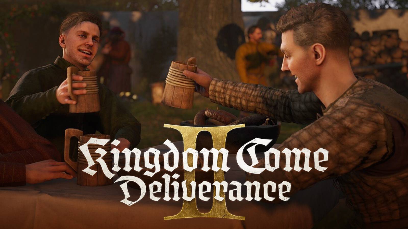 Kingdom Come Deliverance 2 Henry toasting at table behind game logo