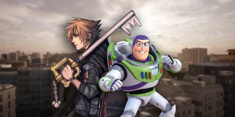 Sora and Buzz Lightyear standing in Quadratum from Kingdom Hearts