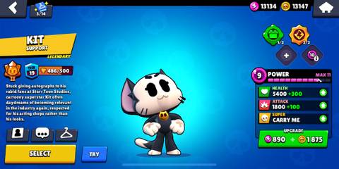 Kit standing in front of a blue background in the Brawl Stars menu