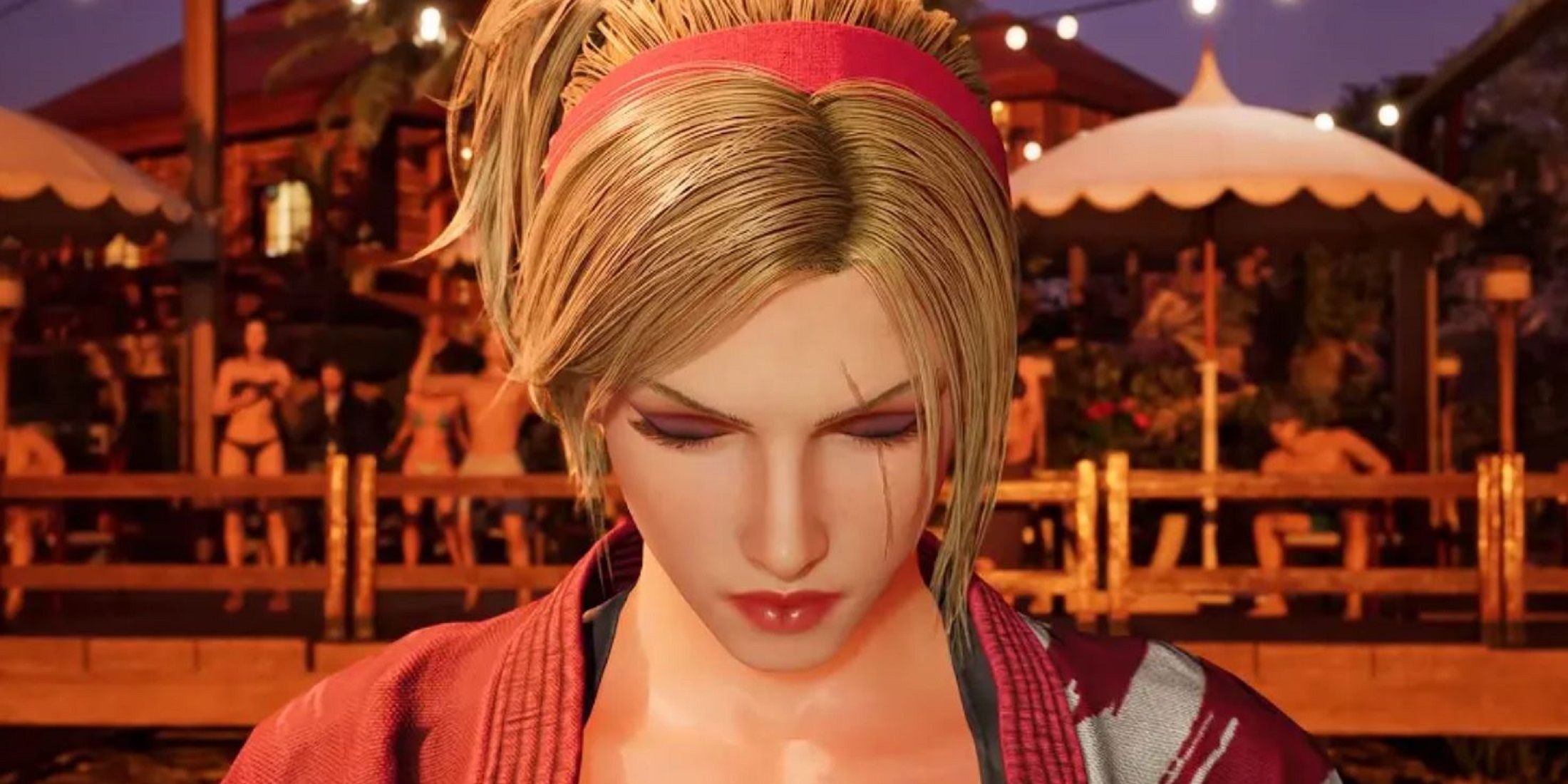 Lidia Sobieska from Tekken 8 stands with her head slightly bowed, wearing a red headband and a focused expression, set against a vibrant evening background.